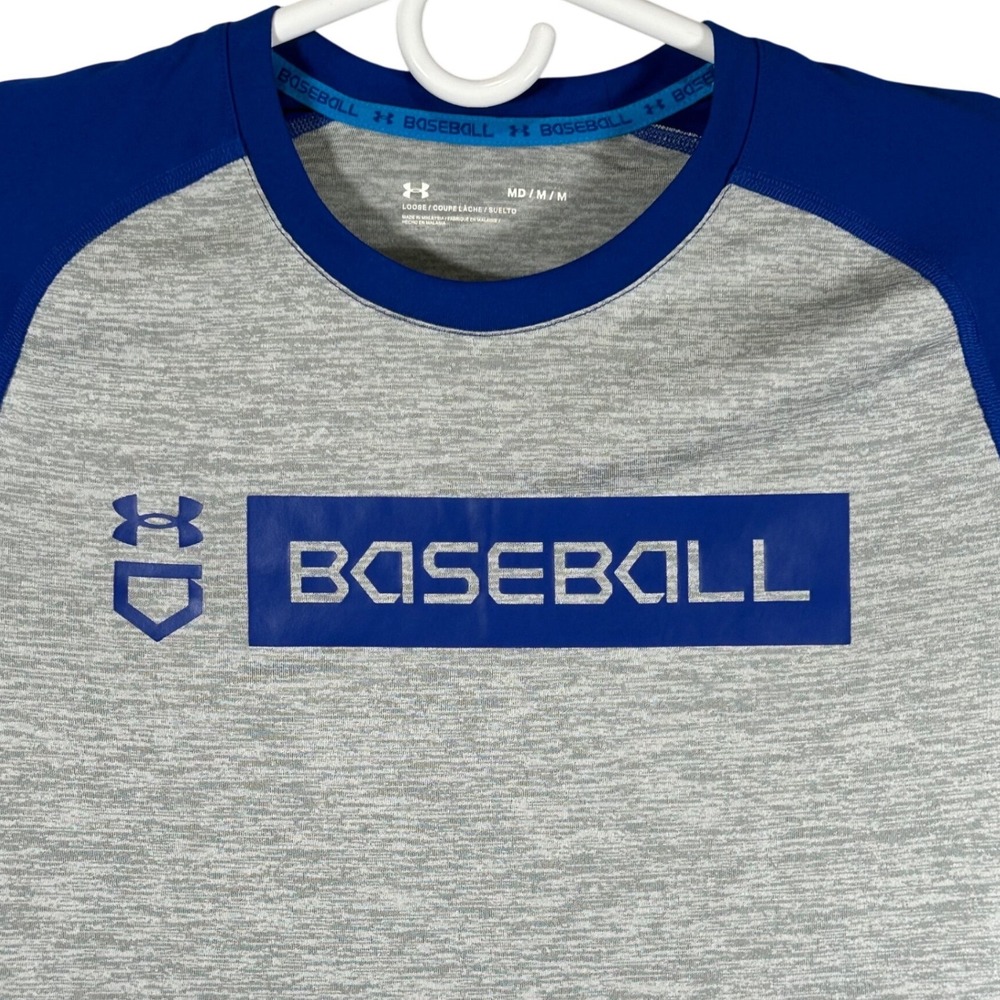 Under Armour Baseball Raglan Shirt Mens Medium Grey Blue 3/4 Sleeve Loose Fit